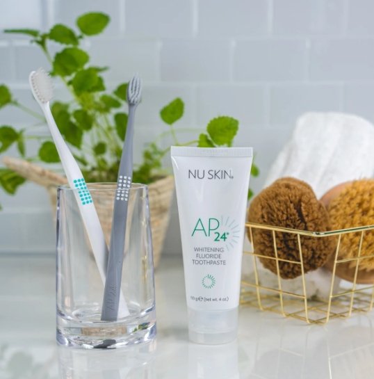 Toothpaste from Nu Skin in the bathroom for white teeth